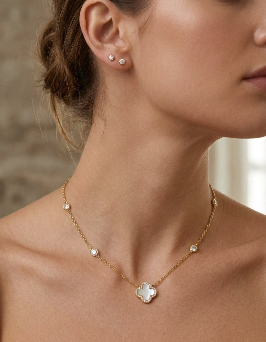 Waterproof Gold Plated Stainless Steel Flower Outline Necklace and Earring Set.