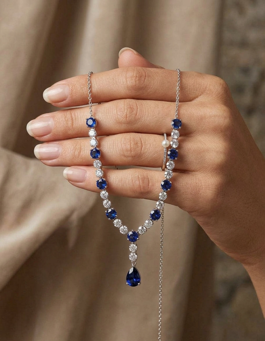 Silver Sapphire Stone Drop Necklace.