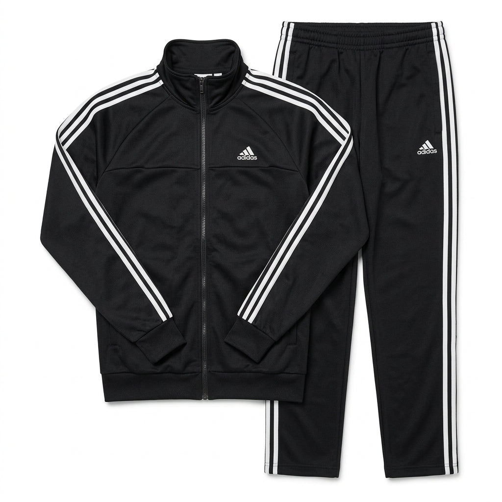A black Adidas tracksuit set featuring a zip-up jacket and matching pants, both with the signature three white stripes down the sleeves and legs, and a white Adidas logo on the chest.