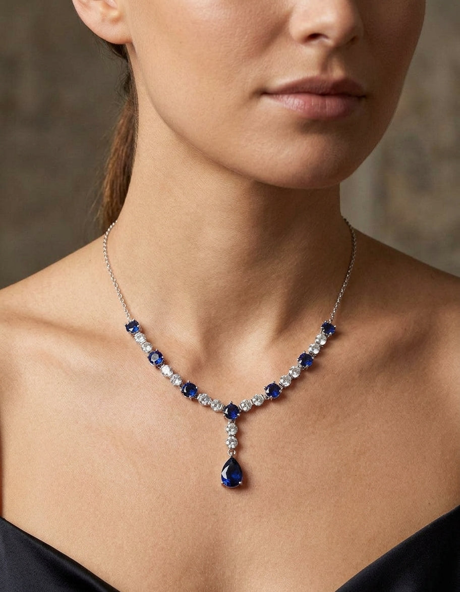 Silver Sapphire Stone Drop Necklace.