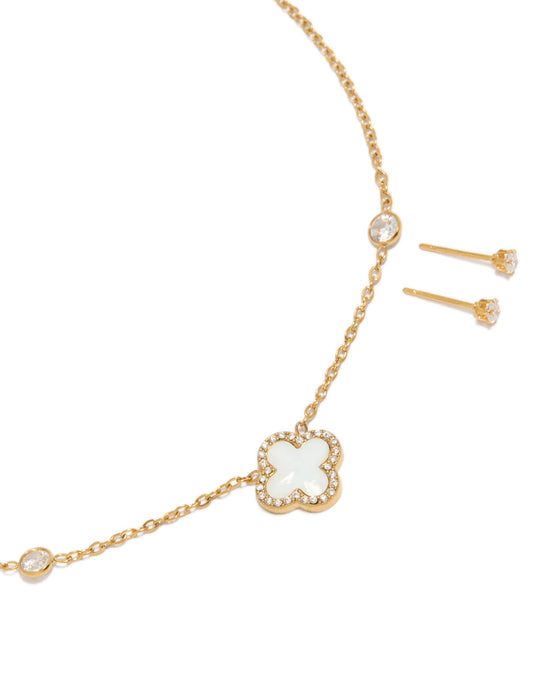 Waterproof Gold Plated Stainless Steel Flower Outline Necklace and Earring Set.